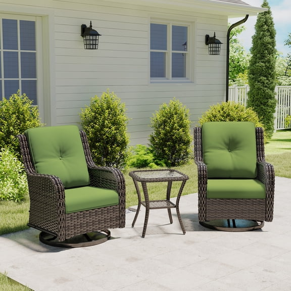 MeetLeisure 3 Piece Wicker Patio Furniture Set with Side Table, Outdoor Swivel Rocker Chairs with High Back, Deep Seating, Wide Armrest, Thick Cushions for Deck Porch, Green