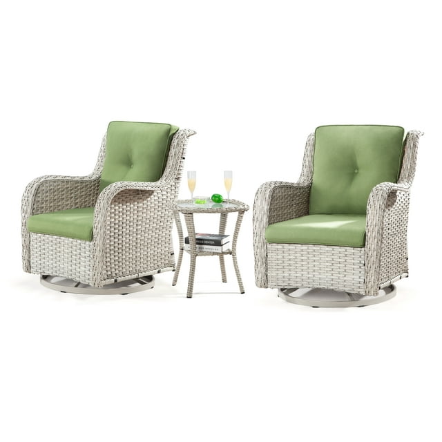 Meetleisure Outdoor Swivel Rocker Wicker Patio Chairs Sets of 2 With Table, Green
