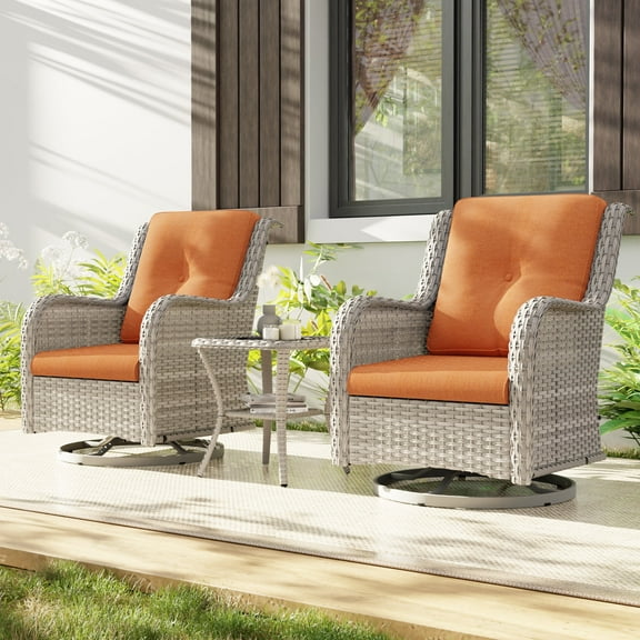 Meetleisure 3-piece Outdoor Rattan Rocking Chairs with Tempered Glass Side Table for Backyard Porch Deck, Metal Rocking Frame, Orange