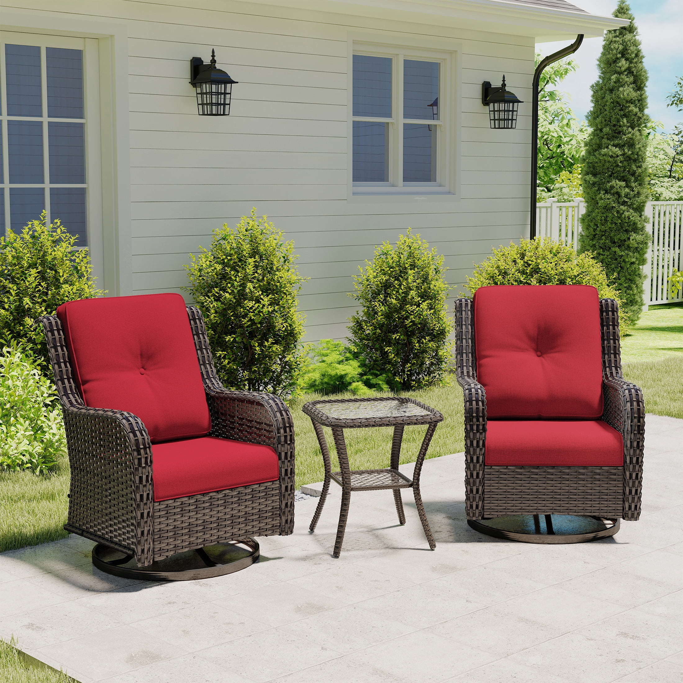 MeetLeisure 3 Piece Wicker Patio Furniture Set with Side Table, Outdoor Swivel Rocker Chairs with High Back, Deep Seating, Wide Armrest, Thick Cushions for Deck Porch, Red