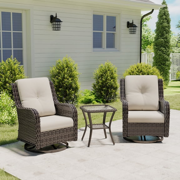 MeetLeisure 3 Piece Wicker Patio Furniture Set with Side Table, Outdoor Swivel Rocker Chairs with High Back, Deep Seating, Wide Armrest, Thick Cushions for Deck Porch, Beige