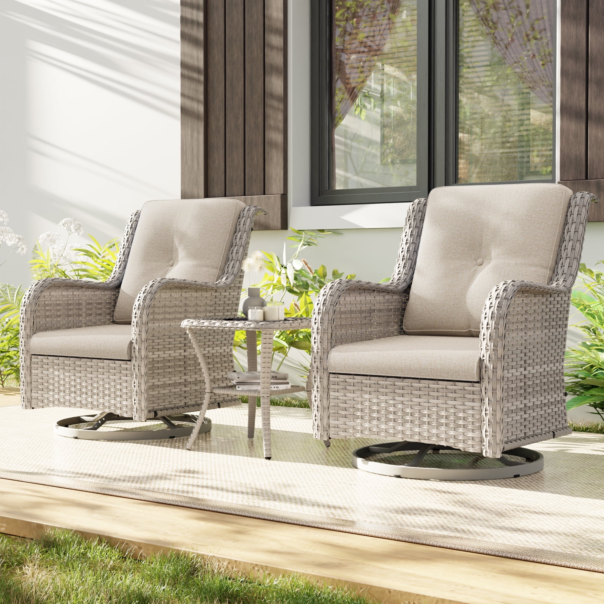 Beige and Gray Wicker Swivel Rocking Patio Chairs with Cushions
