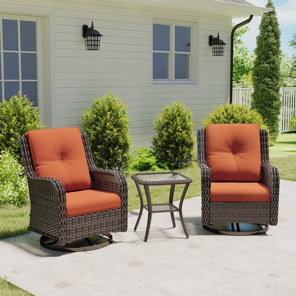 MeetLeisure 3 Piece Wicker Patio Furniture Set with Side Table, Outdoor Swivel Rocker Chairs with High Back, Deep Seating, Wide Armrest, Thick Cushions for Deck Porch, Orange