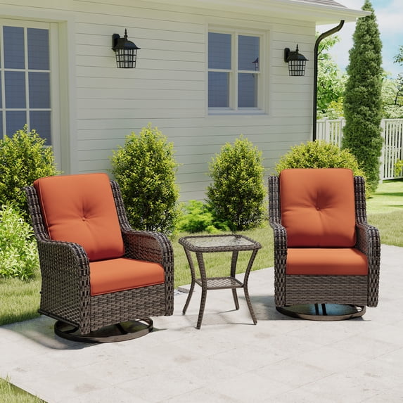 MeetLeisure 3 Piece Wicker Patio Furniture Set with Side Table, Outdoor Swivel Rocker Chairs with High Back, Deep Seating, Wide Armrest, Thick Cushions for Deck Porch, Orange