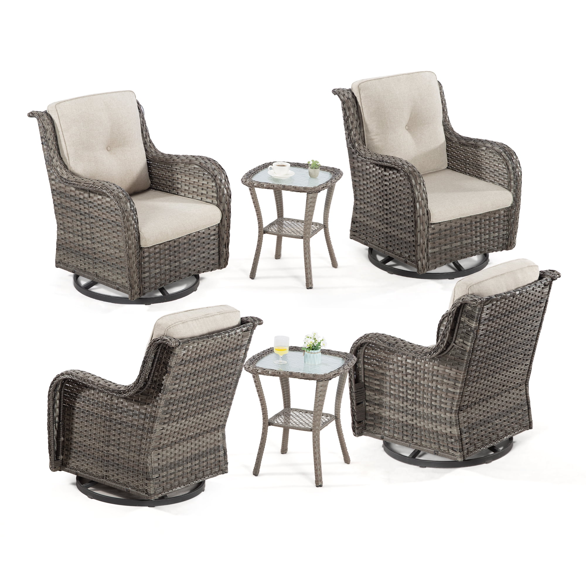 Meetleisure Outdoor Swivel Rocker Wicker Patio Chairs Sets of 4 With 2 Tables, Beige