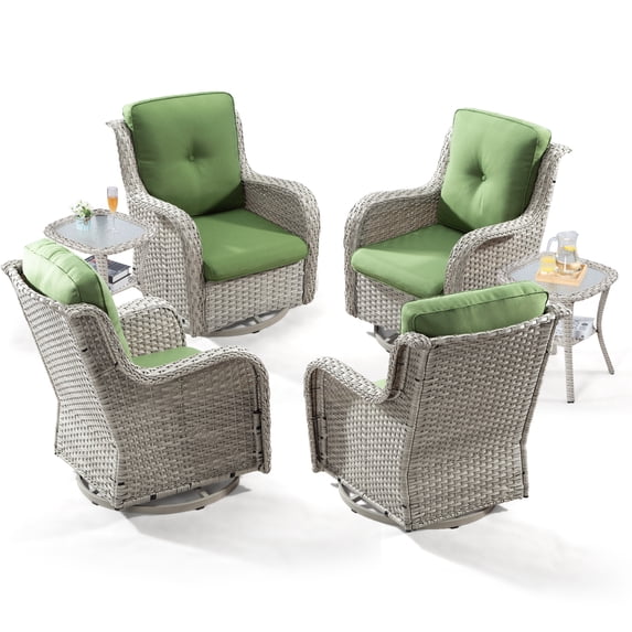 Meet Leisure 4-Pieces Outdoor Swivel Rocker Wicker Patio Chair Set with 2 Tables, Green