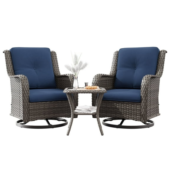 Meetleisure Outdoor Swivel Rocking Wicker Patio Chairs Sets of 2 with Table, Blue