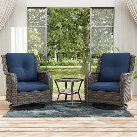 Meetleisure Outdoor Swivel Rocking Wicker Patio Chairs Sets of 2 with Table, Blue
