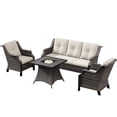 thumbnail image 1 of Meetleisure Outdoor Wicker Furniture Sets of 2 Patio Rattan Dining Armchairs with 1 Three-Seat Sofa & 1 Square Cane Fire Pit Table with Grey Rattan, Beige, 1 of 10