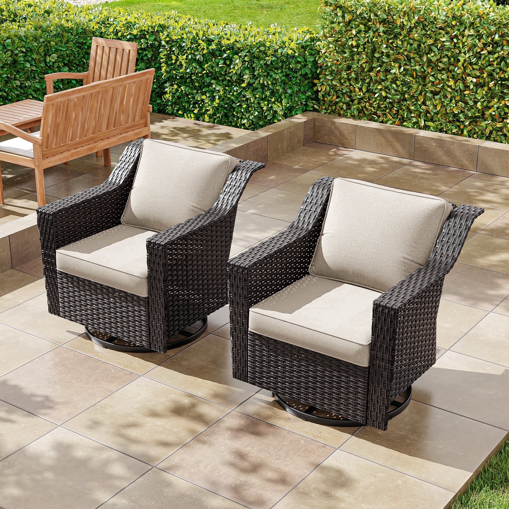 MeetLeisure Patio 2 Pieces Wicker Swivel Chairs Set, Outdoor PE Rattan Rocking Glider Armchairs with Water-Resistant Cushions & Washable Covers for Porch Balcony Sunroom, Beige