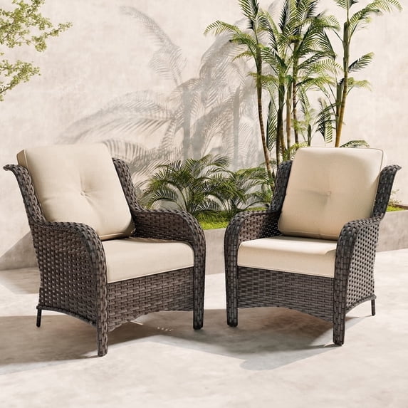 Meetleisure Patio Chairs Set of 2, Wicker Outdoor Furniture with High Back, Deep Seating, Wide Armrest, Thick Cushions, Rattan Chairs for Deck Porch, Beige