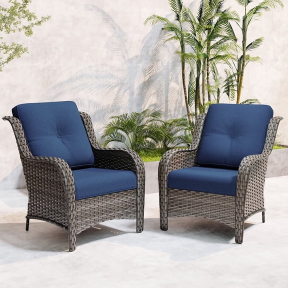 Meetleisure Patio Chairs Set of 2, Wicker Outdoor Furniture with High Back, Deep Seating, Wide Armrest, Thick Cushions, Rattan Chairs for Deck Porch, Dark Blue