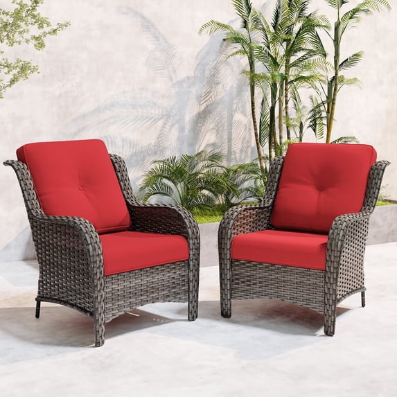 Meetleisure Patio Chairs Set of 2, Wicker Outdoor Furniture with High Back, Deep Seating, Wide Armrest, Thick Cushions, Rattan Chairs for Deck Porch, Red