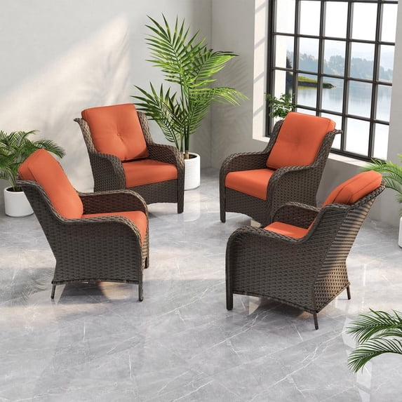 Meetleisure 4 Piece Wicker Patio Furniture Set, Rattan Chairs with High Back, Deep Seating, Wide Armrest, Thick Cushions for Deck Porch, Orange