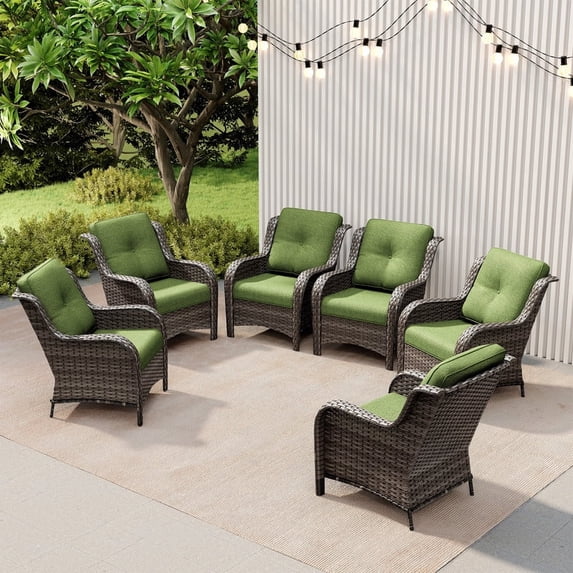 Meetleisure 6 Piece Wicker Patio Furniture Set, Rattan Chairs with High Back, Deep Seating, Wide Armrest, Thick Cushions for Deck Porch, Green