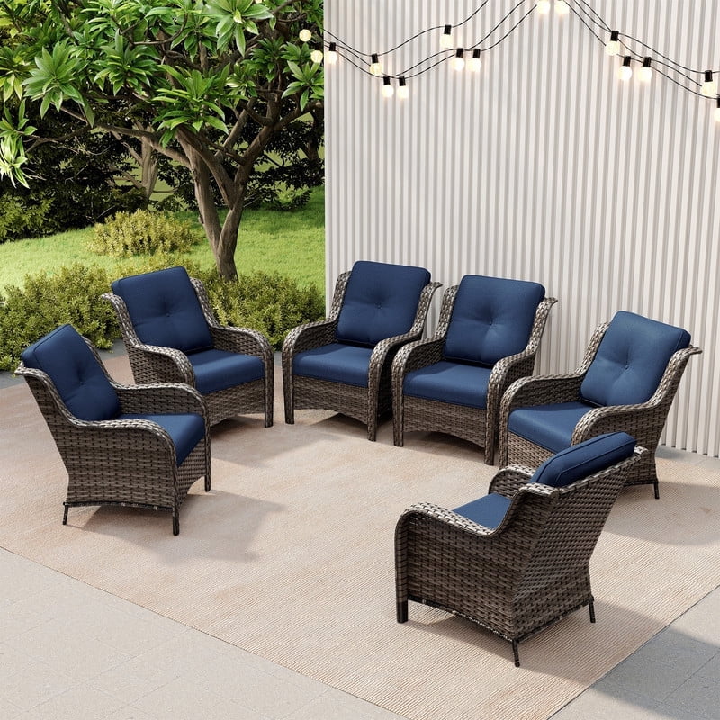 Meetleisure 6 Piece Wicker Patio Furniture Set, Rattan Chairs with High Back, Deep Seating, Wide Armrest, Thick Cushions for Deck Porch, Dark Blue