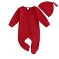 thumbnail image 1 of MeetoTime Baby Boys Girls Solid Color Round Neck Long Sleeves Leg Wraps Jumpsuit Newborn Infant Rompers Hat Two-piece Set, 1 of 3