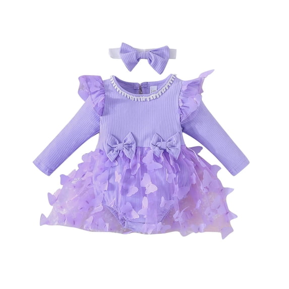MeetoTime Baby Girls Princess Dress Jumpsuits Long Sleeved Newborn Infant Rompers Headband Two-piece Sets Baby Clothes 0-18M