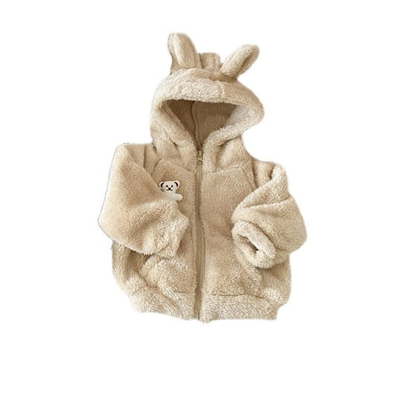 MeetoTime Baby Hooded Warm Jacket Solid Color Plush Zipper Long-sleeved Outerwear for Boys Girls 6 Months-2 Years