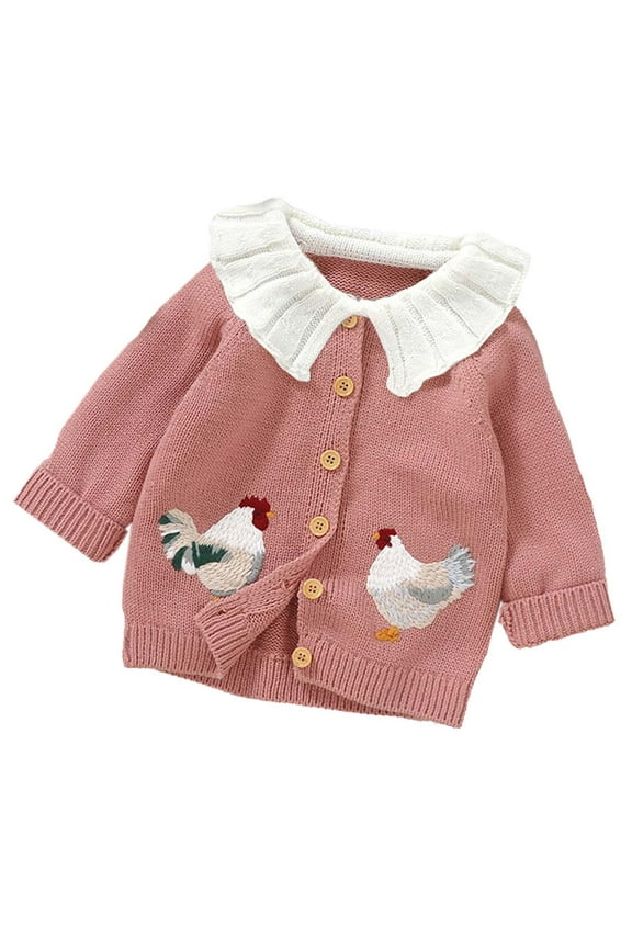 Baby Lapel Cute Chicken Embroidered Knitted Cardigan Casual Long Sleeved Fall Winter Sweater Coat for Girls Baby Clothes