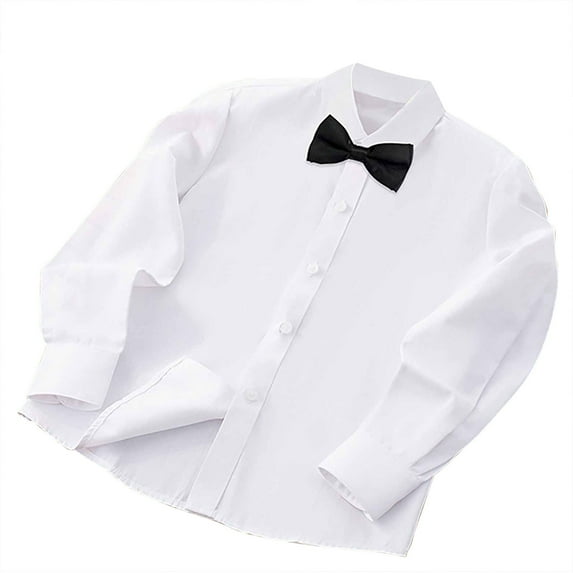 MeetoTime Children's Button-down Shirt Kids Lapel Long Sleeve White Shirt with Bow for Boys Girls