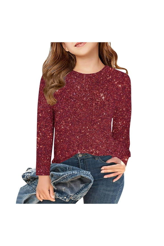 Children's Long Sleeved Round Neck Tops Kids Casual Loose Solid Color Sparkling Dressy Blouses for Boys Girls