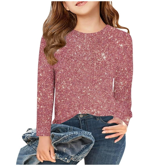 MeetoTime Children's Long Sleeved Round Neck Tops Kids Casual Loose Solid Color Sparkling Dressy Blouses for Boys Girls