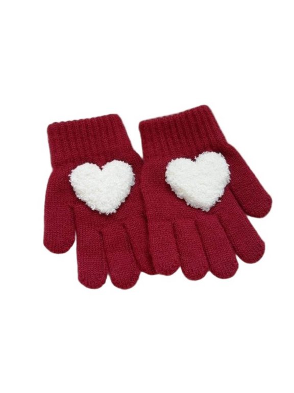 Children's Winter Gloves Heart Printed Stretch Warm Cold Weather Knitted Gloves for Boys Girls 3-8 Years