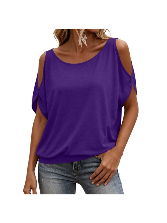 Cold Shoulder Tops for Women Boat Neck Bottom T-Shirt Spring Summer Trendy Casual Loose Blouse for Work