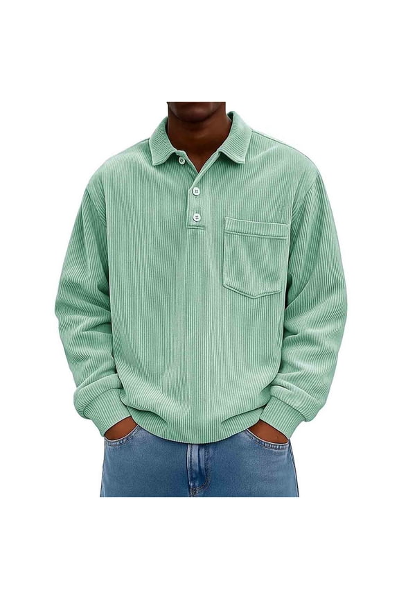 Corduroy Long Sleeve Shirts for Men Casual Solid Color Lapel Buttons Pullover Top with Pocket