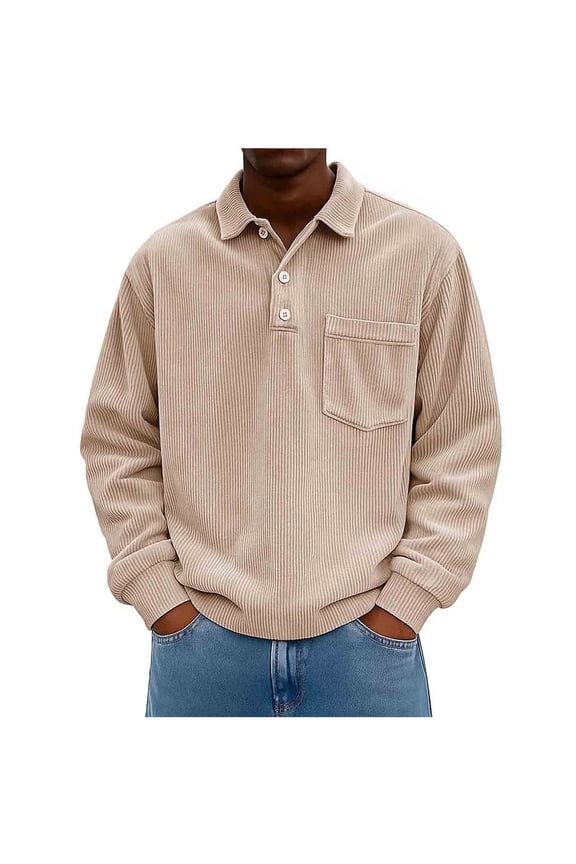 Corduroy Long Sleeve Shirts for Men Casual Solid Color Lapel Buttons Pullover Top with Pocket