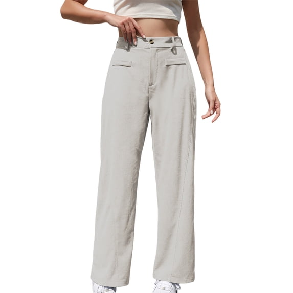 MeetoTime Corduroy Wide Leg Pants for Women Casual High Waist Trouser with Front Slash Pockets Button Fall Travel Pants