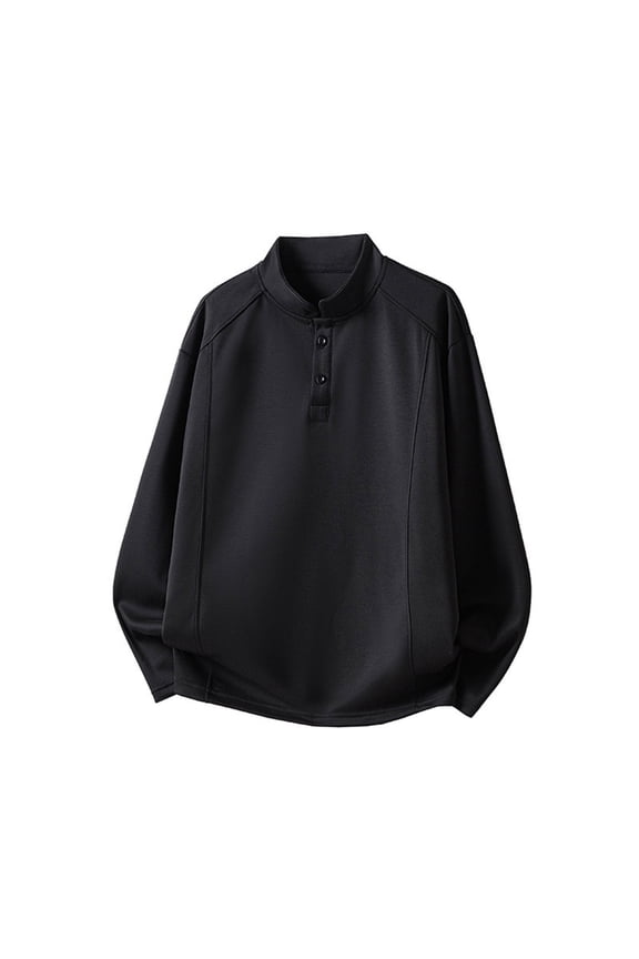 Fleece Long Sleeve Pullover Tops for Men Casual Loose Solid Color Stand Up Collar Half Buttoned Blouse Shirt