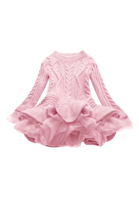 Girls Clothes 2-11 Years Solid Color Round Neck Long Sleeve Hem Mesh Sweater Dresses for Girl