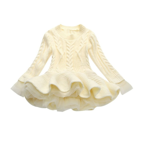 MeetoTime Girls Clothes 2-11 Years Solid Color Round Neck Long Sleeve Hem Mesh Sweater Dresses for Girl