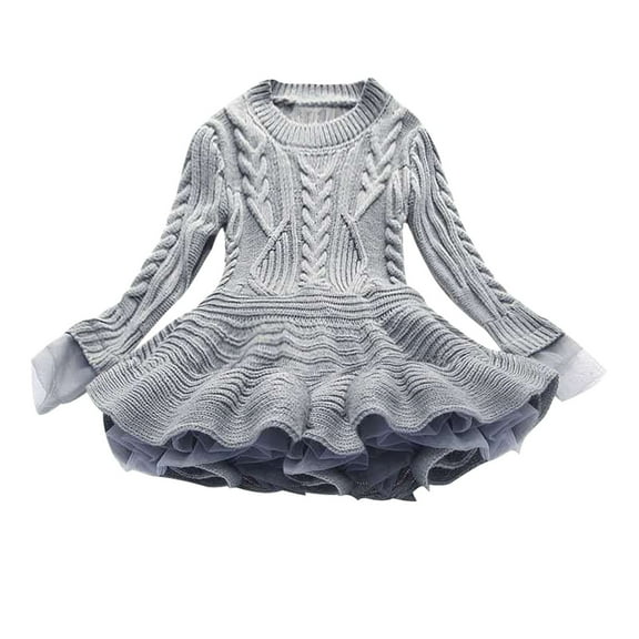 MeetoTime Girls Clothes 2-11 Years Solid Color Round Neck Long Sleeve Hem Mesh Sweater Dresses for Girl