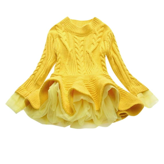 MeetoTime Girls Clothes 2-11 Years Solid Color Round Neck Long Sleeve Hem Mesh Sweater Dresses for Girl