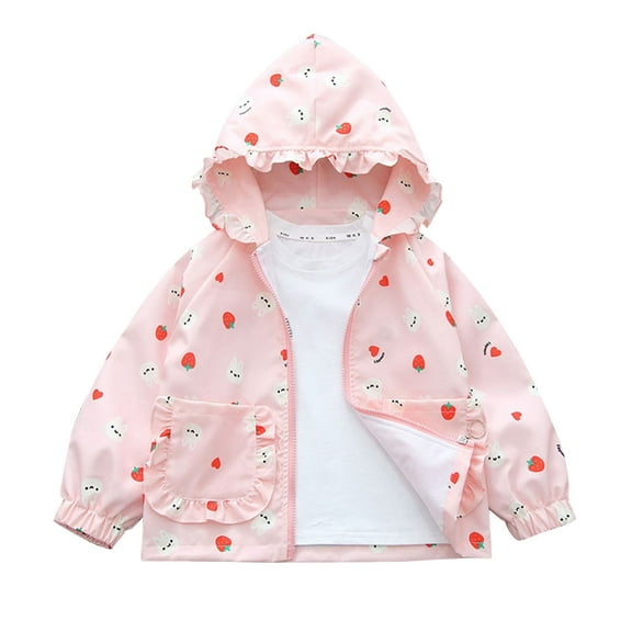 MeetoTime Girls Hooded Lapel Jacket Loose Strawberry Printed Long Sleeve Zipper Coat 3-12 Years Kids Clothes