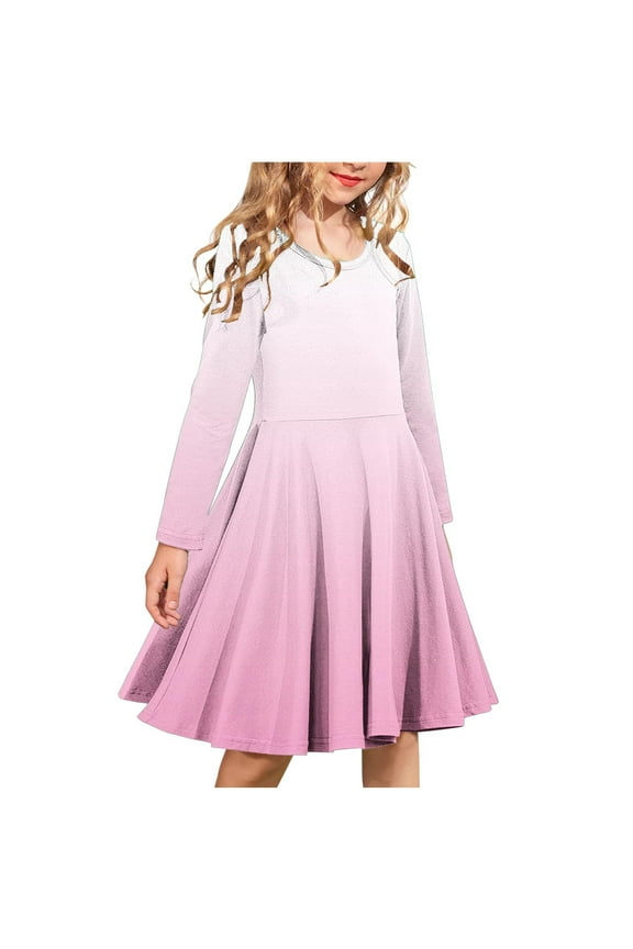Girls Long Sleeve Dress Round Neck Gradient Color Dance Performance Dresses 4-14 Years Children Clothes
