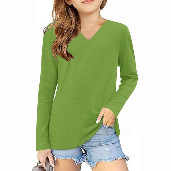 MeetoTime Girls Long Sleeve Shirts Solid Color V-neck Casual Loose Dressy Blouses Children's Pullover Undershirt