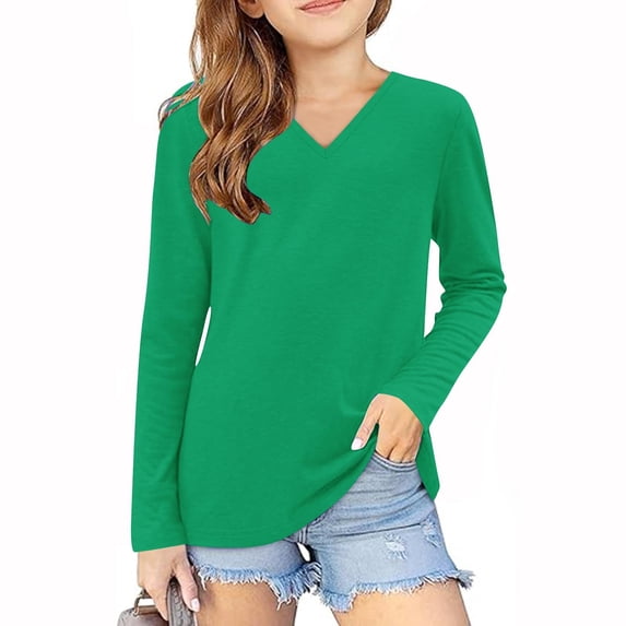 MeetoTime Girls Long Sleeve Shirts Solid Color V-neck Casual Loose Dressy Blouses Children's Pullover Undershirt