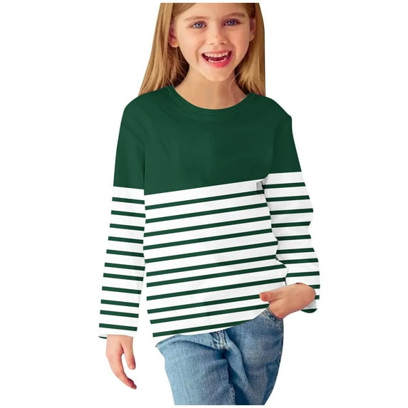 MeetoTime Girls Long Sleeve Shirts Striped Printed Crewneck Casual Loose Dressy Blouses Children's Pullover Undershirt 3-14 Years