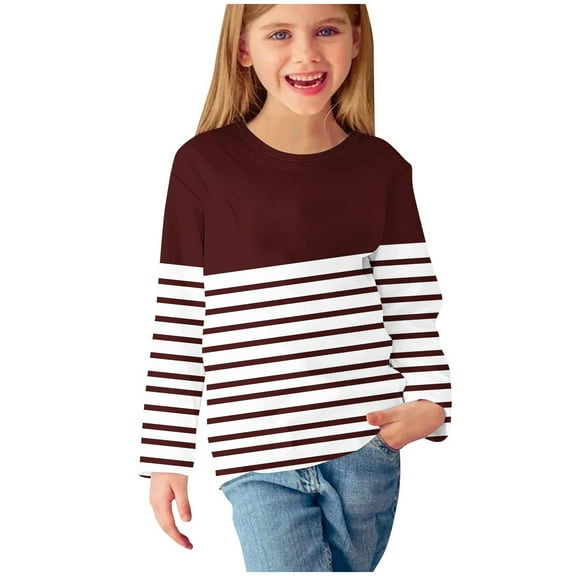 MeetoTime Girls Long Sleeve Shirts Striped Printed Crewneck Casual Loose Dressy Blouses Children's Pullover Undershirt 3-14 Years