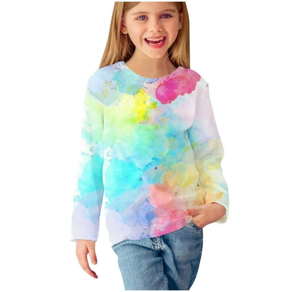 MeetoTime Girls Long Sleeve Shirts Tie-dye Printed Crewneck Casual Loose Dressy Blouses Children's Pullover Undershirt