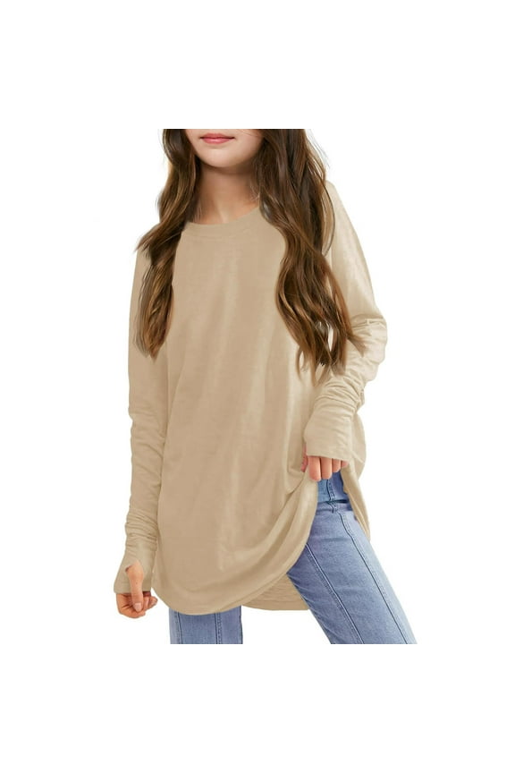 Girls Long-sleeved Shirts Loose Solid Color Round Neck Tunic Top 3-14 Years Kids Clothes