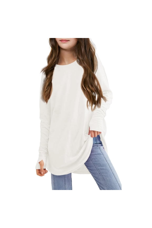 Girls Long-sleeved Shirts Loose Solid Color Round Neck Tunic Top 3-14 Years Kids Clothes