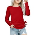 thumbnail image 1 of MeetoTime Girls Long-sleeved Shirts Loose Solid Color Side Drawstring Round Neck Tunic Top 3-14 Years Kids Clothes, 1 of 7