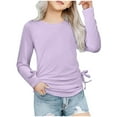thumbnail image 1 of MeetoTime Girls Long-sleeved Shirts Loose Solid Color Side Drawstring Round Neck Tunic Top 3-14 Years Kids Clothes, 1 of 6