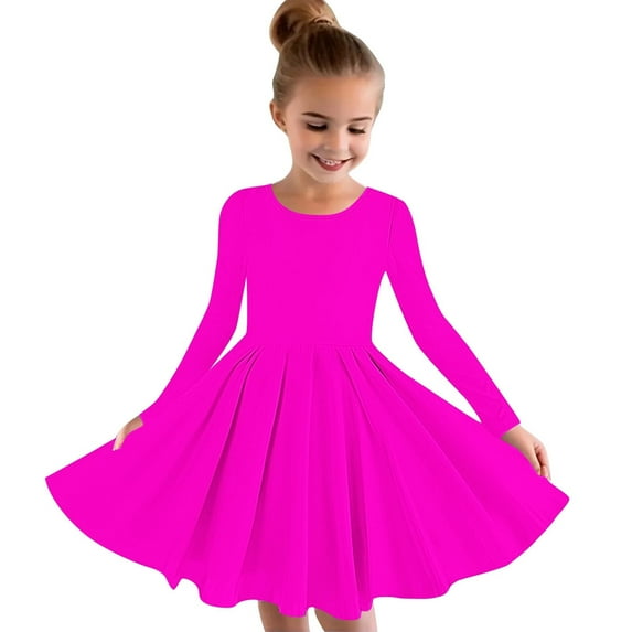 MeetoTime Girls Performance Dress Long Sleeved Solid Color Round Neck Stretchy School Recital Dresses 4-14 Years Children Clothes