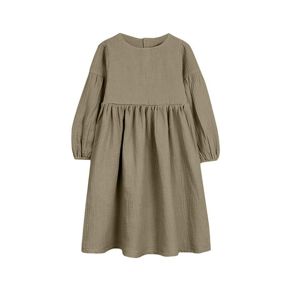 MeetoTime Girls Spring Fall Dress Long Sleeve Round-Neck Solid Color Cotton Linen Dresses 9 Months-7 Years Baby Clothes